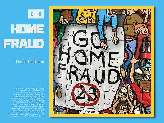 #GO HOME FRAUD 23#
回家吧 骗子

这幅标语出现在2009年7月20号，洛杉矶银河与AC米兰的一场友谊赛上，洛杉矶银河队球迷在自己的主场打出这样的标语来“欢迎”重新返回俱乐部的大卫·贝克汉姆。 银河队球迷之所以有此举动源于小贝在08/09赛季下半场被租借到AC米兰俱乐部，并且表达过重返欧洲足坛的想法。 美国球迷可能觉得受到了背叛，才打出了此类标语反对小贝。 而这场比赛小贝也因球迷的无理挑衅而难以自控，差点与球迷爆发冲突。
btw: 小贝在大联盟效力期间，帮助球队两度获得联盟总冠军，自己也赢得了一次最佳球员奖项。


#终极拼图#
3000片的Football History终于全部拼完了，算了下时间，从6月21号开始，除去中间没拼的天数，差不多整整拼了30天！ 整个工程是在工作室两张空闲的工位上完成的，在此期间观看了人生最完整的一次世界杯，为Belight完成了4个版本的排版功能，还是小有成就感的，就是桌子太小，两大片没拼到一起，就不拍照了😂

接下来我打算挑一部分有趣的局部拼图发出来，慢慢补齐😎